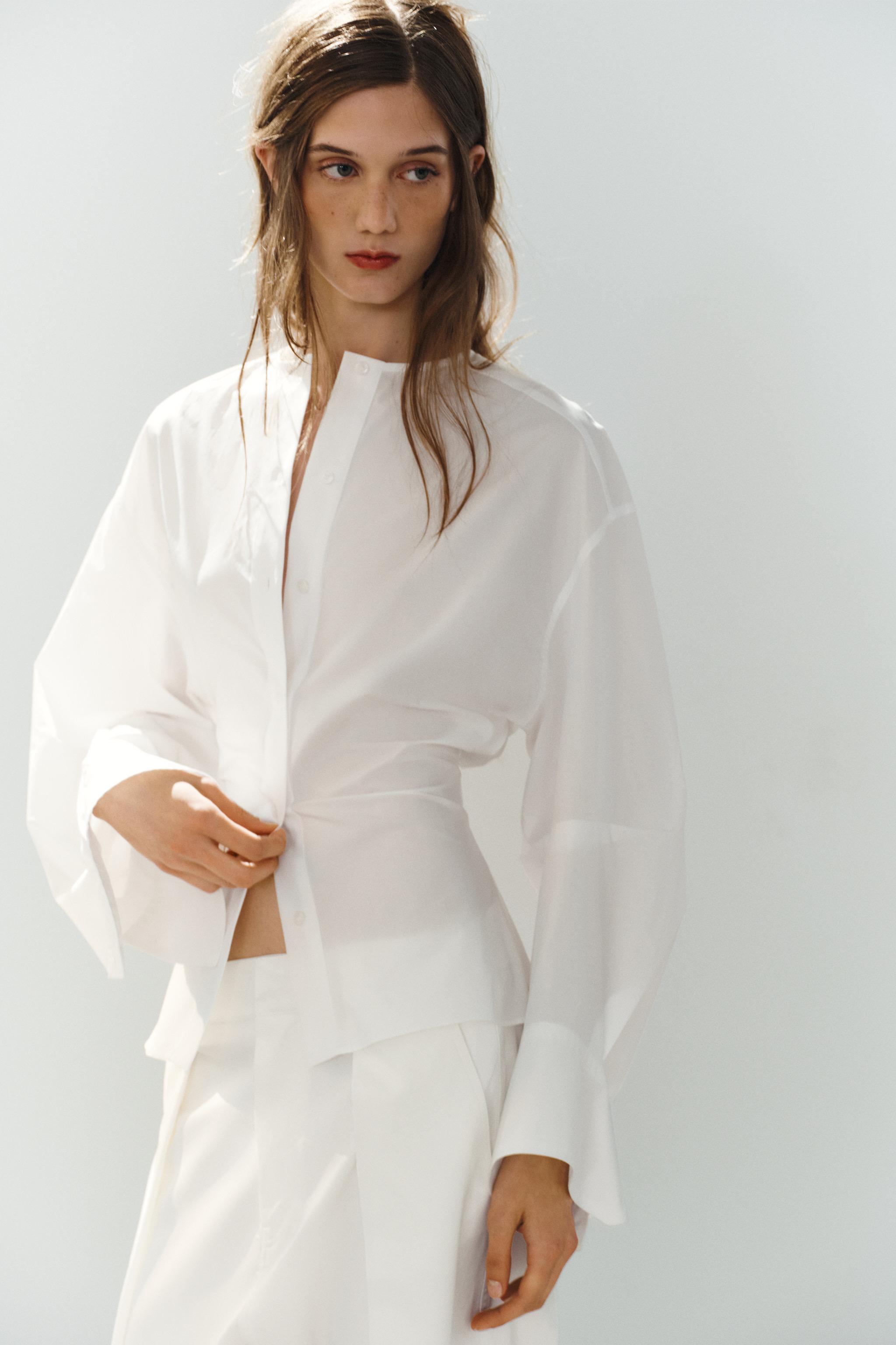 CHEMISE EN POPELINE À MANCHES BOUFFANTES